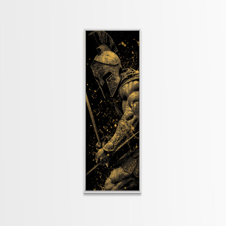 Spartan Warrior With Sword, Gold Canvas Print, Greek Mythology Wall Art, Real Wood Frame Decor, Ancient Battle Artwork