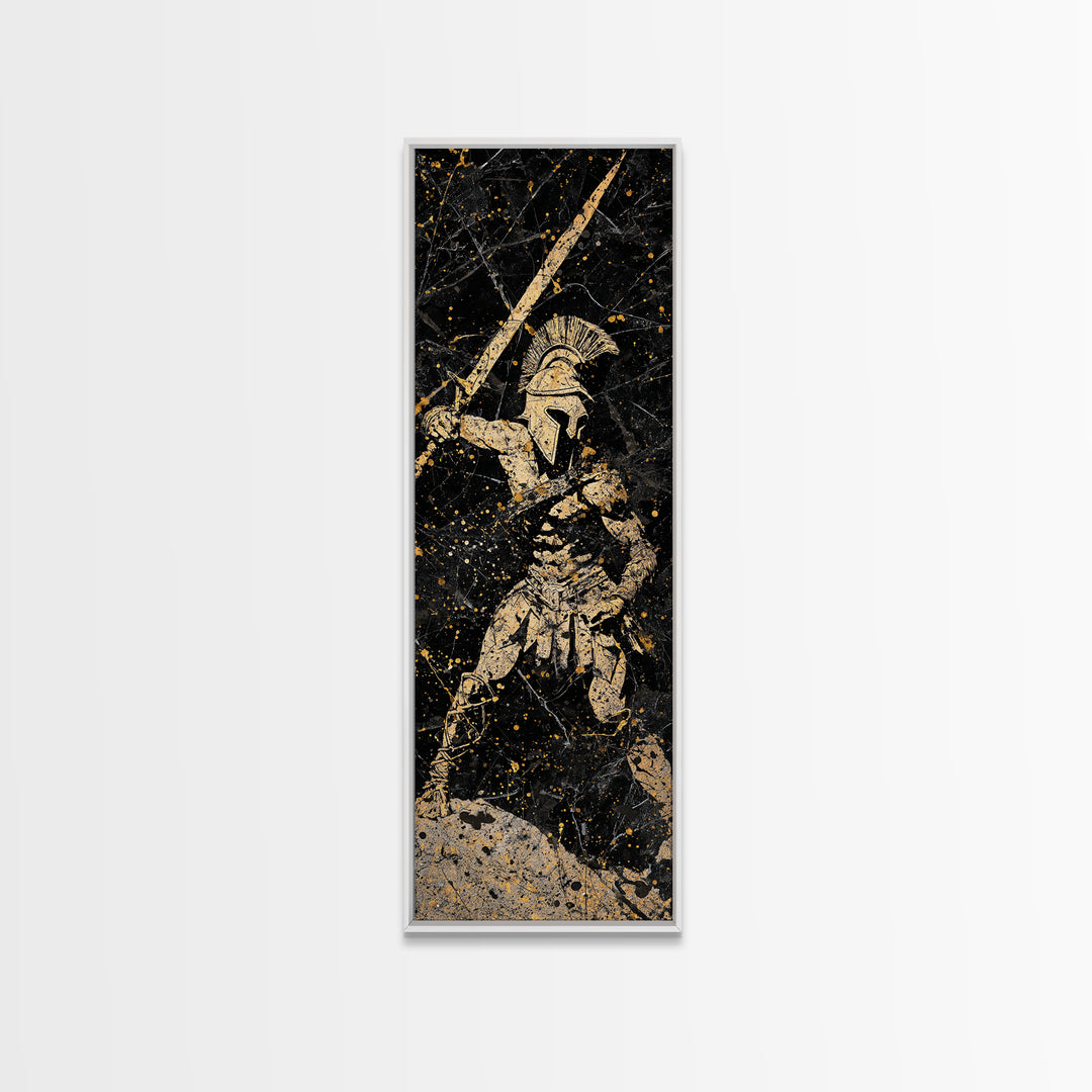 Greek Hoplite With Spear, Gold Canvas Art, Spartan Warrior Wall Decor, Real Wood Frame Canvas Print, Historical Military Artwork