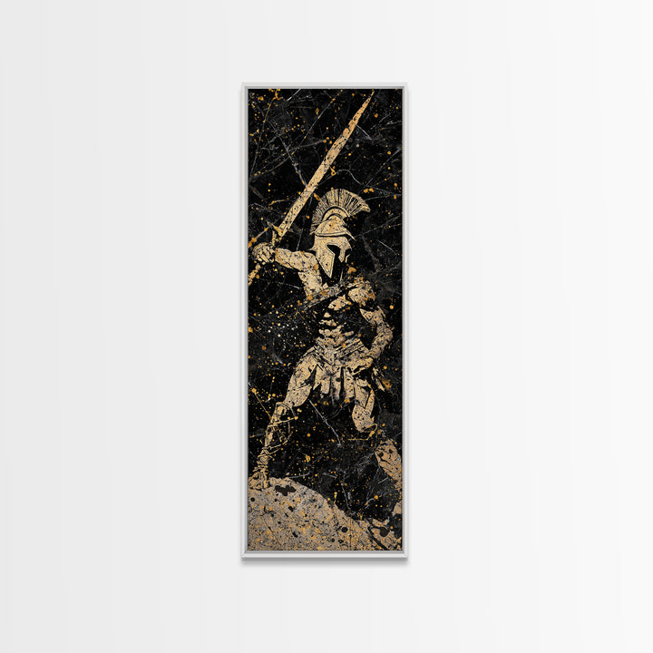 Greek Hoplite With Spear, Gold Canvas Art, Spartan Warrior Wall Decor, Real Wood Frame Canvas Print, Historical Military Artwork