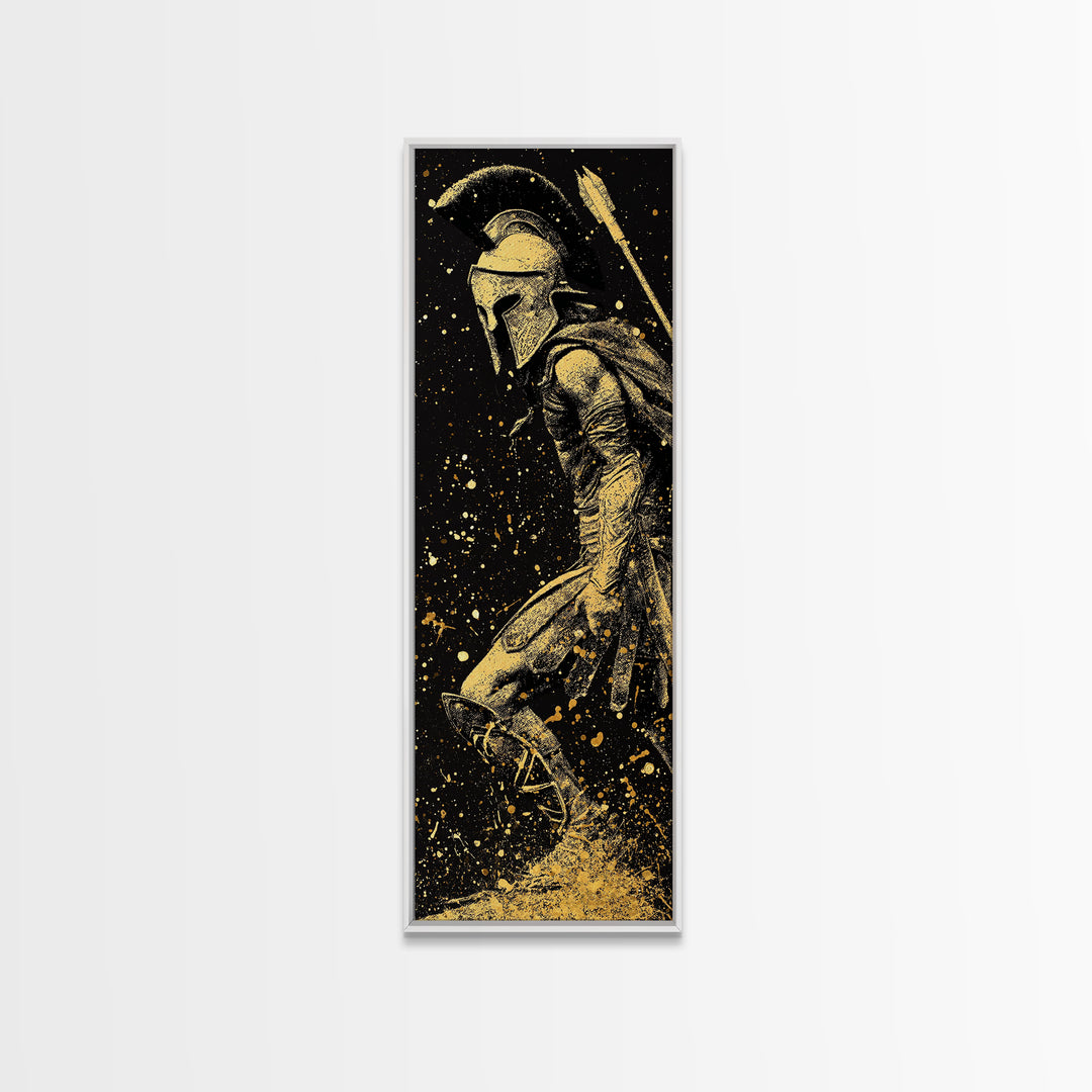 Greek Spartan Standing Strong, Gold Canvas Print, Warrior Soldier Wall Art, Real Wood Frame Home Decor, Ancient Hero Artwork