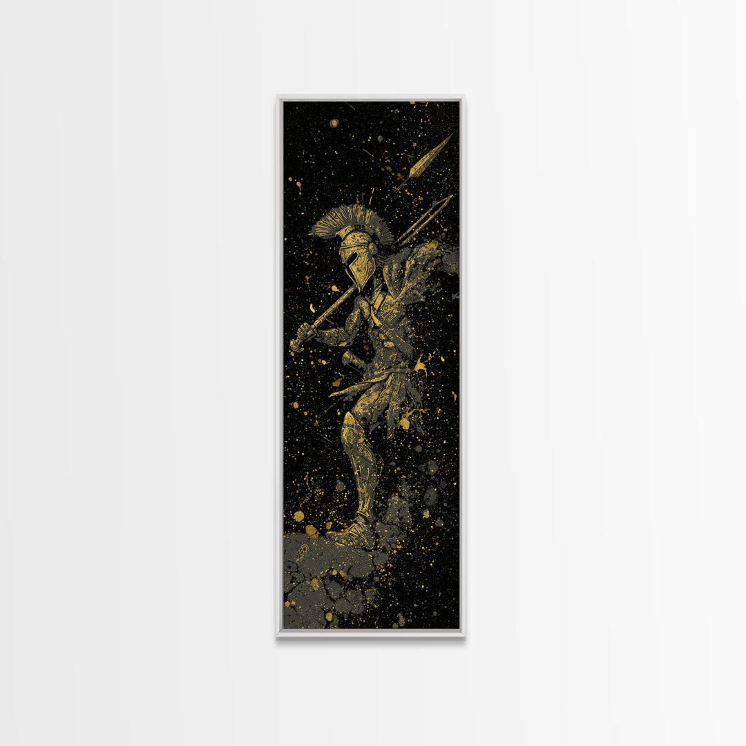 Ancient Spartan In Battle, Gold Canvas Art, Warrior With Spear Wall Print, Real Wood Frame Decor, Greek Mythology Artwork