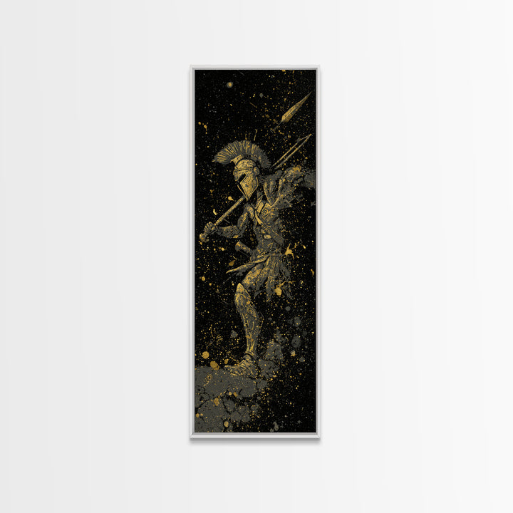 Ancient Spartan In Battle, Gold Canvas Art, Warrior With Spear Wall Print, Real Wood Frame Decor, Greek Mythology Artwork