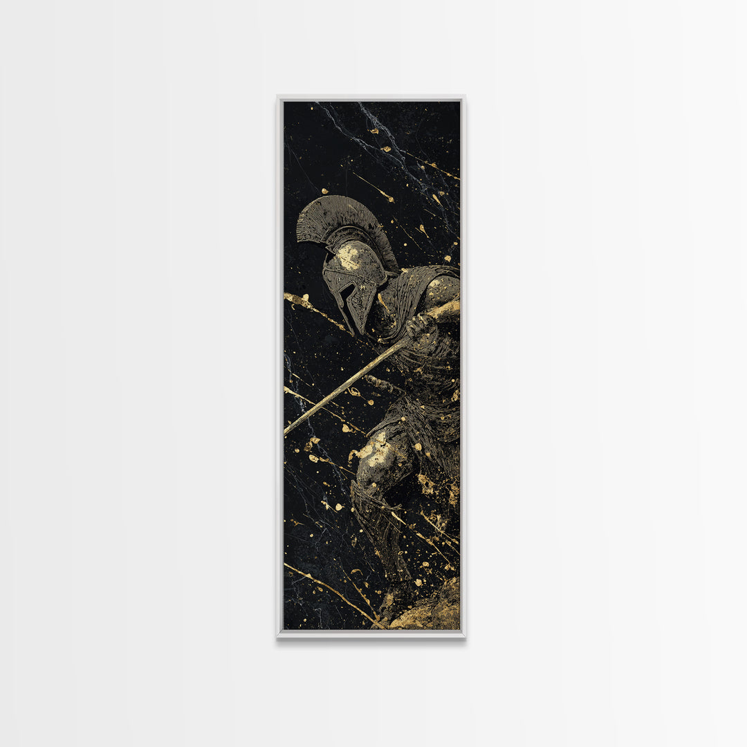 Heroic Spartan Warrior, Gold Canvas Print, Ancient Greek Wall Art, Real Wood Frame Decor, Battle Ready Soldier Artwork
