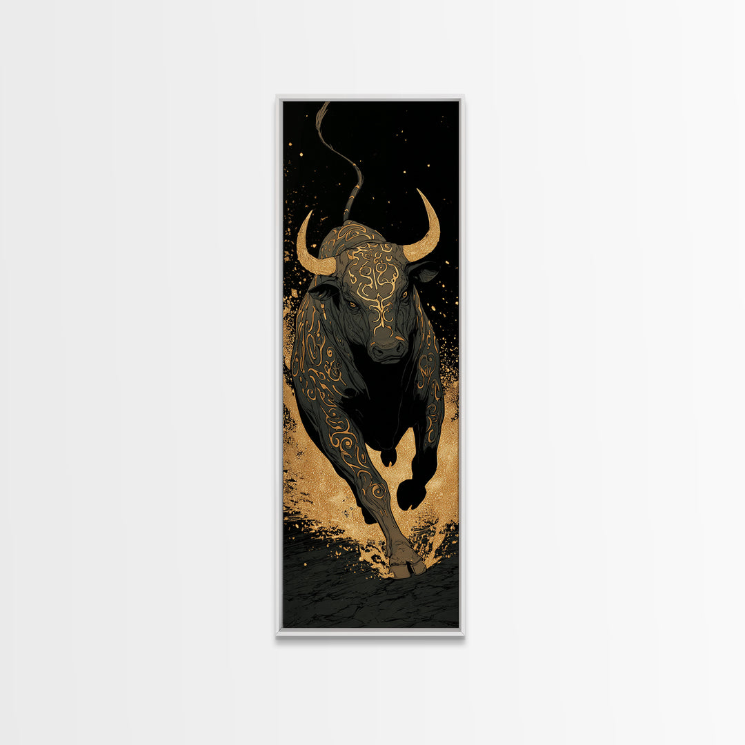 Charging Bull - Gold Canvas Wall Art - Wood Framed Canvas Art, Taurus Wall Art, Golden Runic Bull Painting Print, Canvas Art