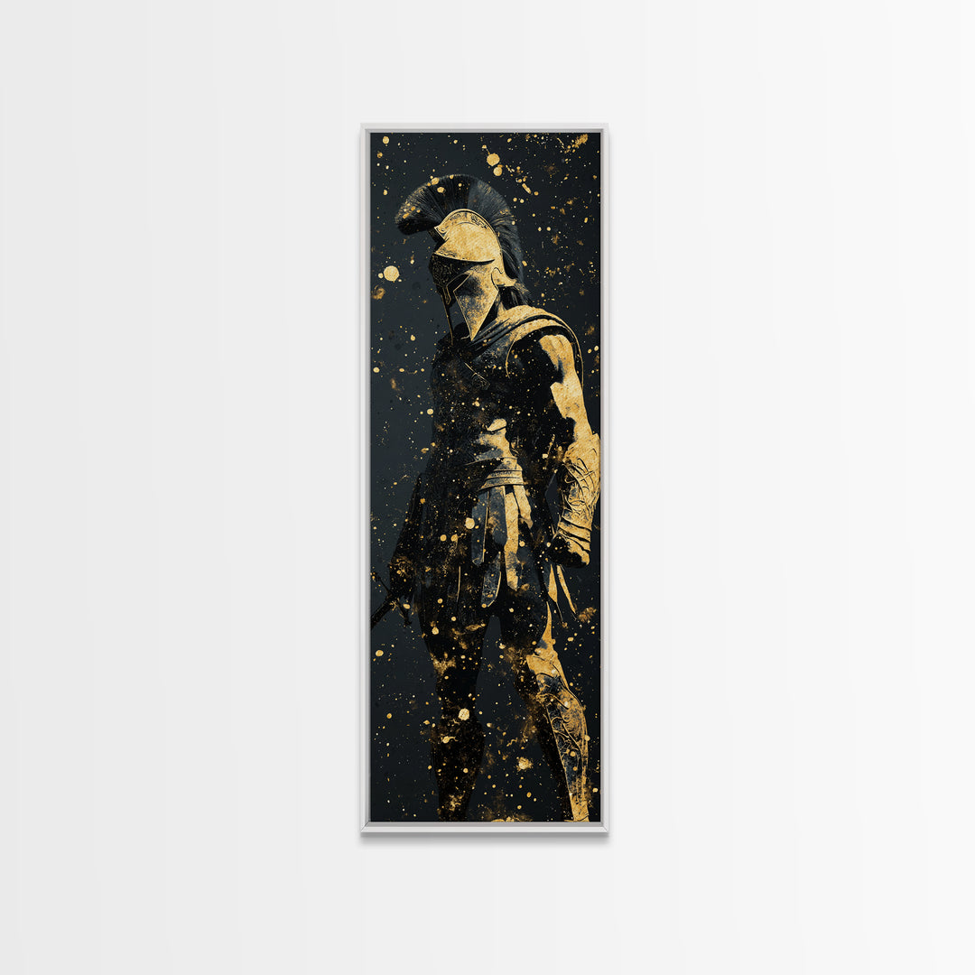 Greek Hoplite Gold Canvas Art, Ancient Spartan Warrior Print, Real Wood Frame, Mythology Inspired Wall Decor For Living Room