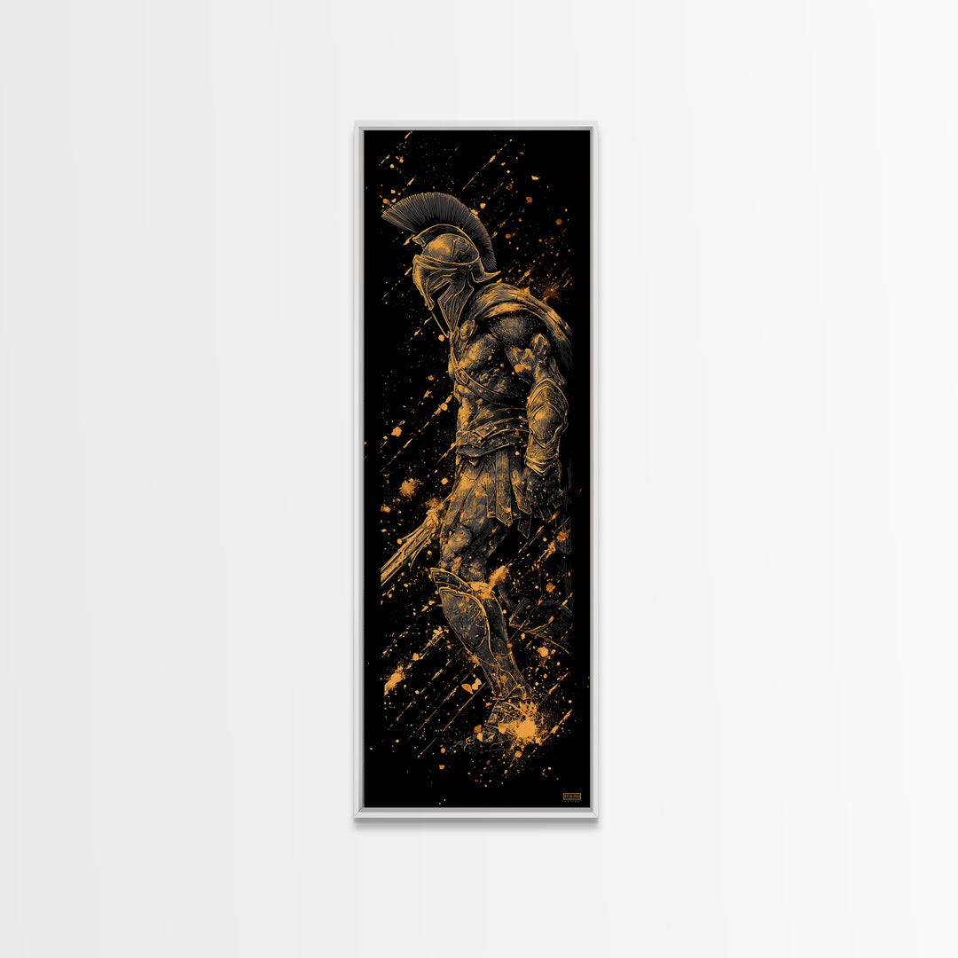Gold Spartan Warrior With Spear Gold Canvas Print, Greek Gladiator Wall Art, Real Wood Frame, Ancient Soldier Home Decor
