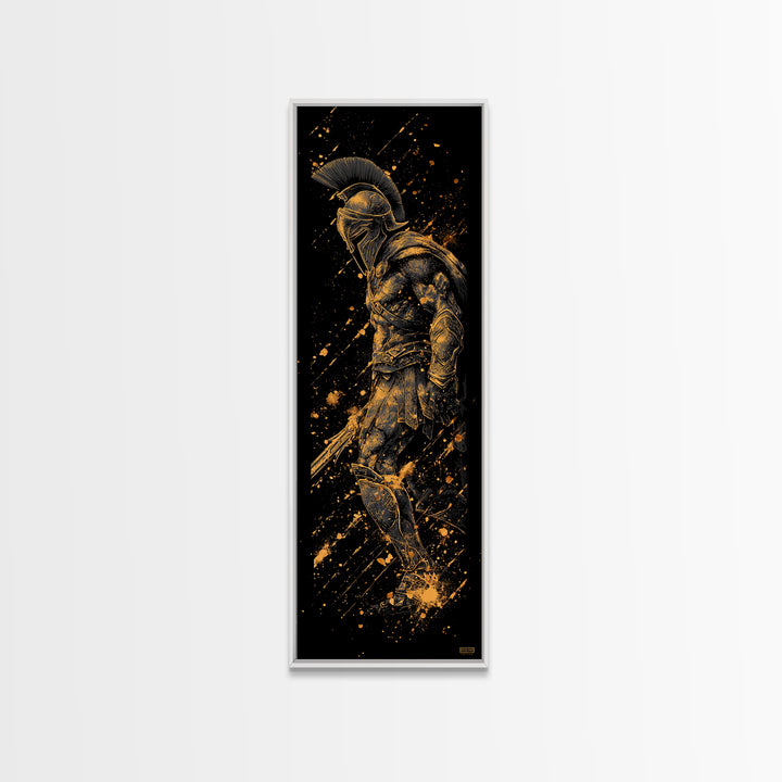 Gold Spartan Warrior With Spear Gold Canvas Print, Greek Gladiator Wall Art, Real Wood Frame, Ancient Soldier Home Decor
