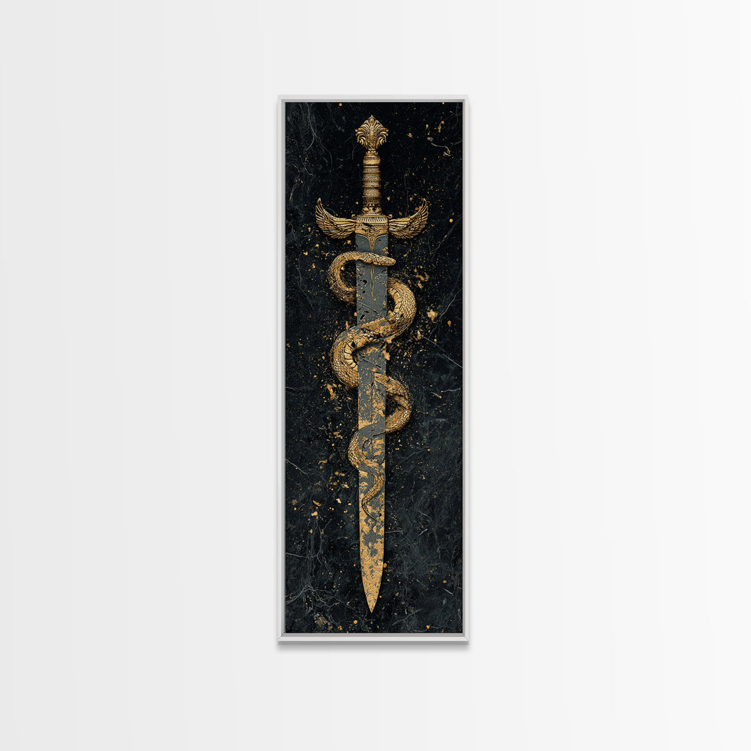 Gold Canvas Print, Sword And Serpent Wall Art, Mythical Weapon Artwork, Real Wood Frame Decor