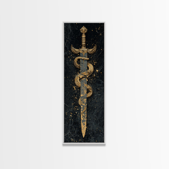 Gold Canvas Print, Sword And Serpent Wall Art, Mythical Weapon Artwork, Real Wood Frame Decor
