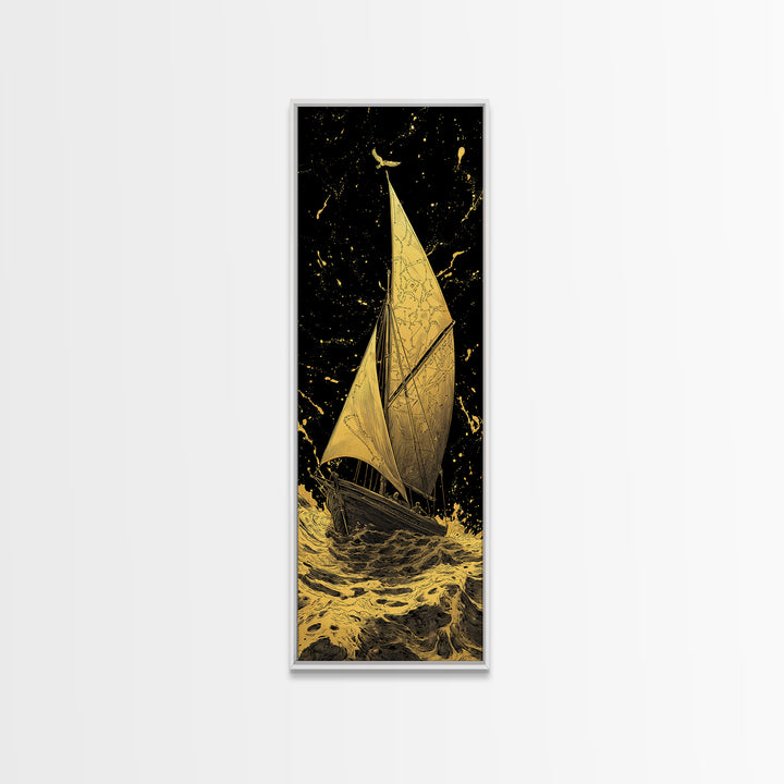 Golden Sailboat Nautical Wall Art, Gold Painting Print, Wood Framed Wall Art, Sail Boat Painting Print, Gold Painting