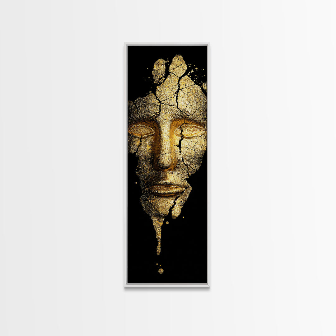 Gold Canvas Print, Cracked Golden Mask Wall Art, Mythical Face Artwork, Real Wood Frame Decor