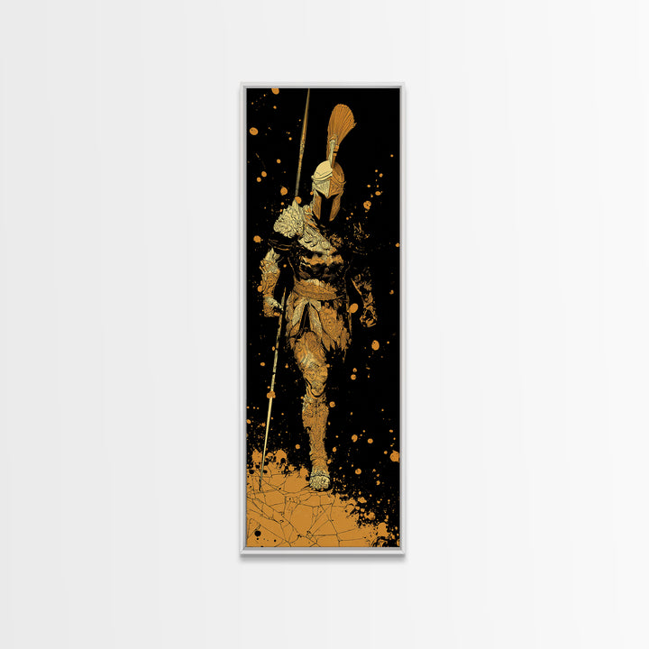Gold Canvas Art, Greek Warrior Spear Print, Spartan Armor Wall Decor, Real Wood Frame Home Artwork