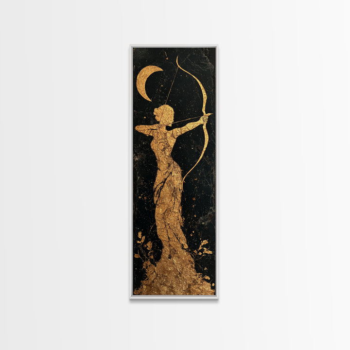 Gold Canvas Art, Artemis Moon Goddess Print, Bow And Arrow Wall Decor, Real Wood Frame Greek Artwork