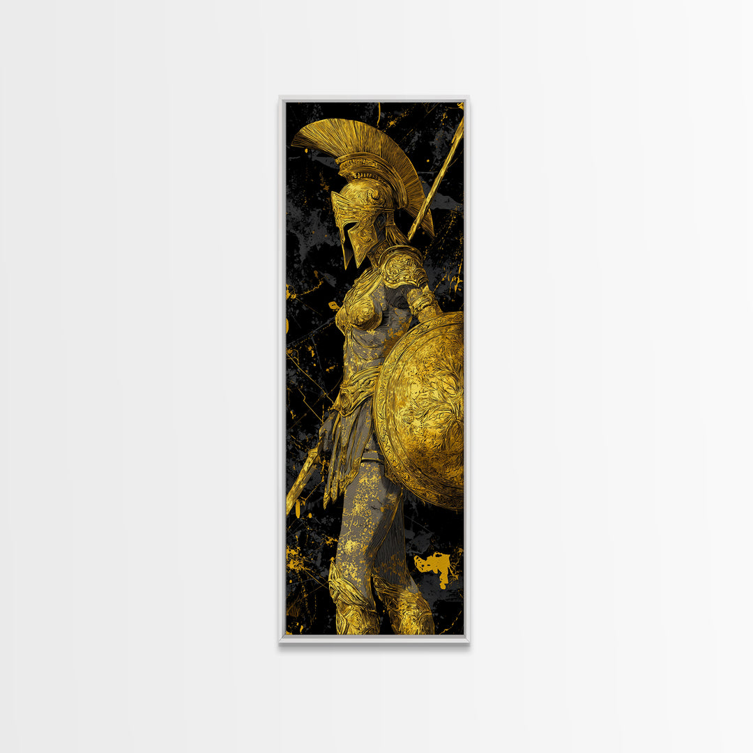 Gold Canvas Art, Athena Warrior Goddess Print, Shield And Sword Wall Decor, Real Wood Frame Decor