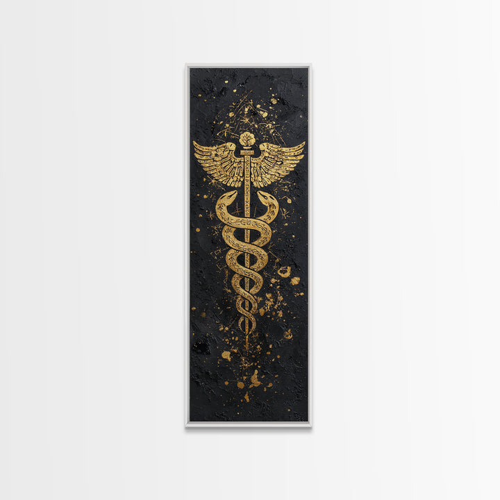 Gold Canvas Print, Caduceus Serpent Staff Wall Art, Hermes Symbol Decor, Real Wood Frame Artwork