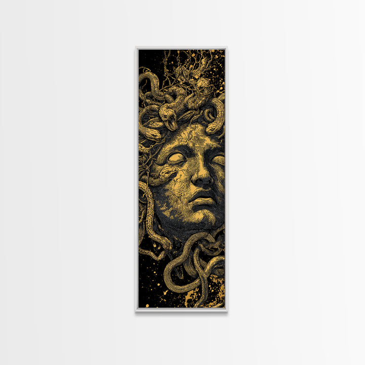 Medusa Gold Canvas Art, Greek Mythology Wall Print, Serpent Goddess Decor, Real Wood Framed Gold Mythical Artwork