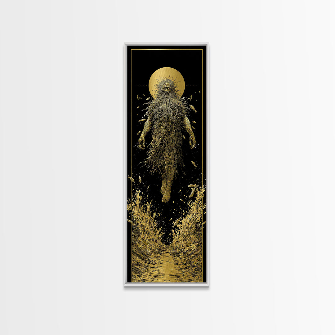 Oceanus Greek Titan Gold Canvas Art, Sea God Wall Print, Mythical Water Deity Decor, Real Wood Framed Gold Artwork