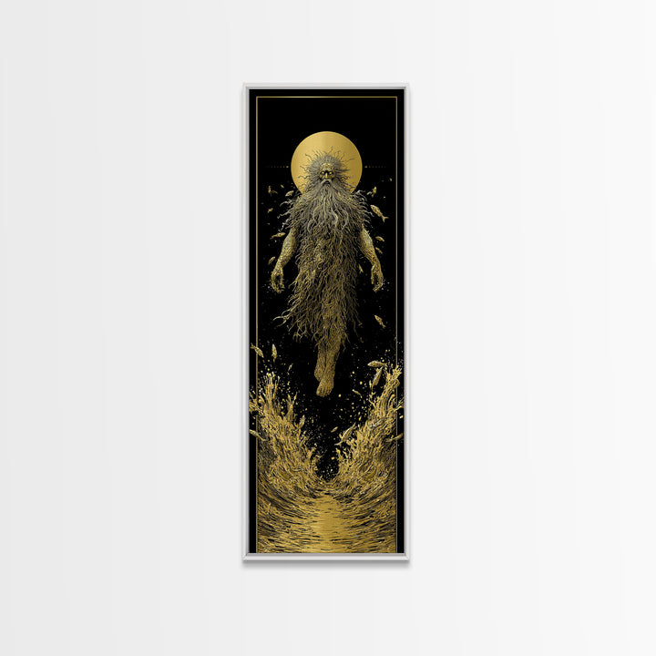 Oceanus Greek Titan Gold Canvas Art, Sea God Wall Print, Mythical Water Deity Decor, Real Wood Framed Gold Artwork