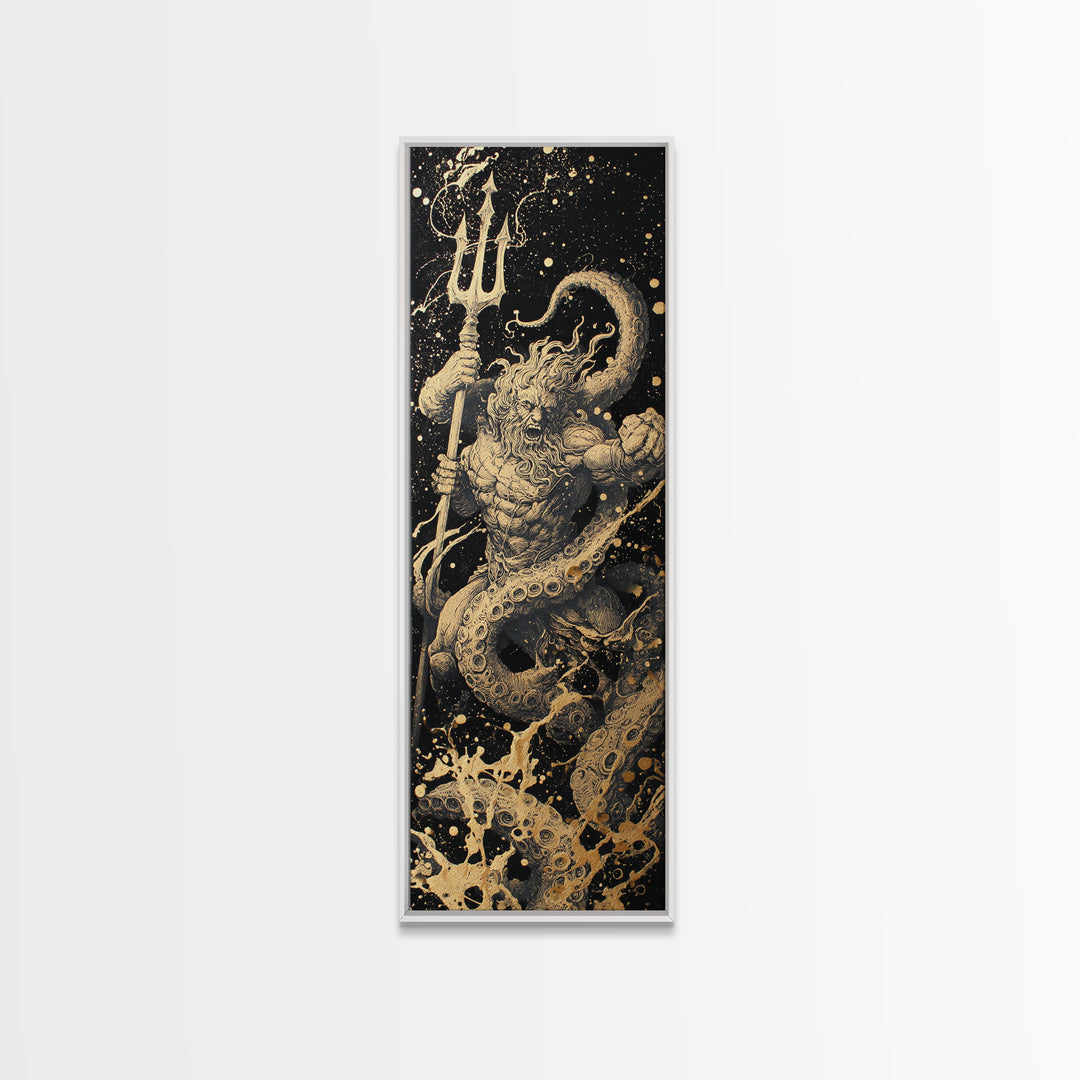 Poseidon Gold Canvas Art, Greek God Of The Sea Canvas Print, Mythology Ocean Decor, Real Wood Framed Gold Artwork
