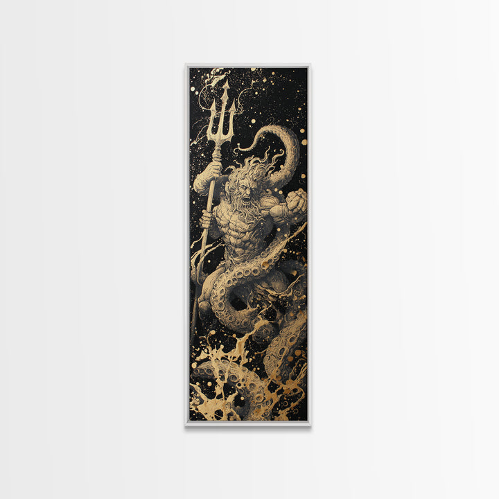 Poseidon Gold Canvas Art, Greek God Of The Sea Canvas Print, Mythology Ocean Decor, Real Wood Framed Gold Artwork