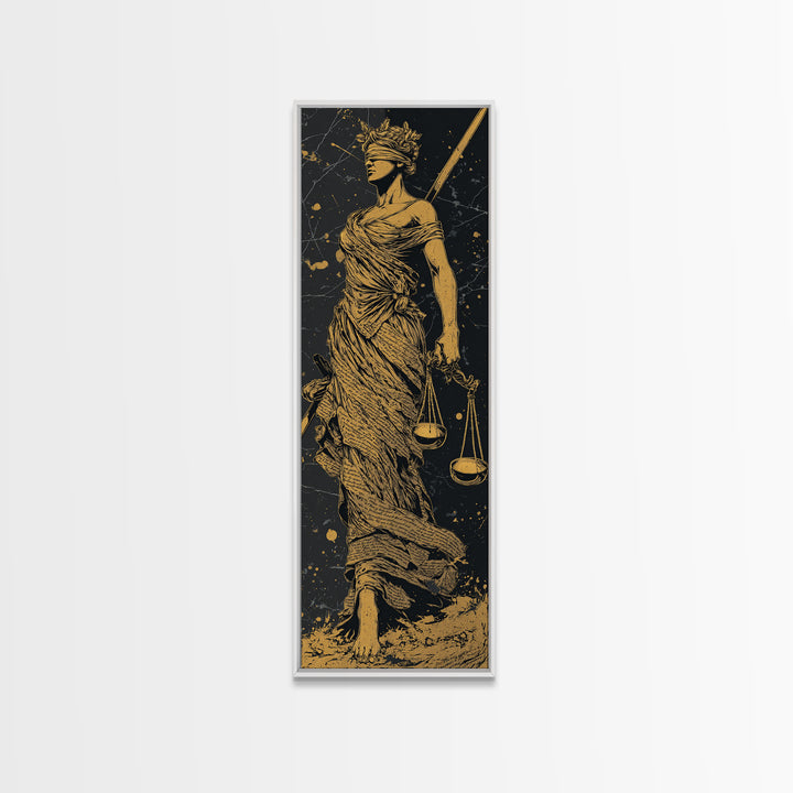 Themis Goddess Of Justice Gold Canvas Print, Blindfolded Lady Justice Wall Art, Scales Of Balance Decor, Real Wood Frame