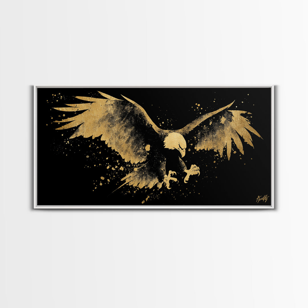 Eagle With Outstretched Wings, Gold Canvas Print, Real Wood Frame, Splatter Art, Majestic Bird Wall Decor