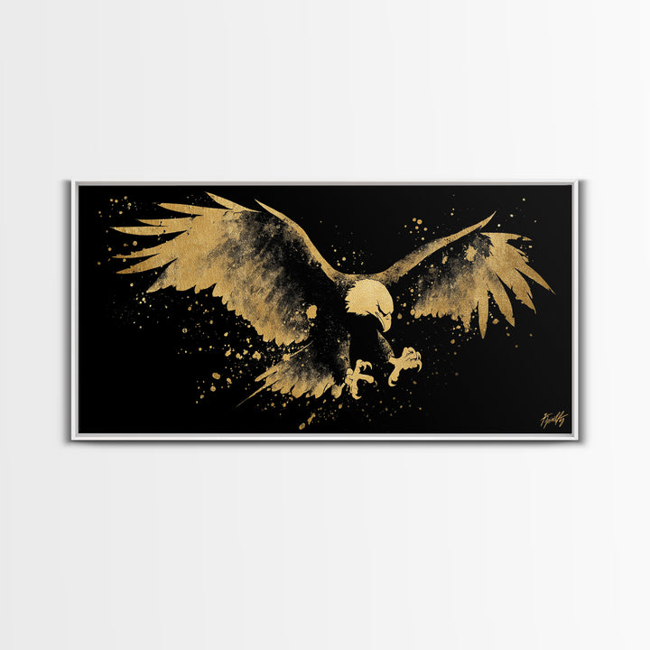 Eagle With Outstretched Wings, Gold Canvas Print, Real Wood Frame, Splatter Art, Majestic Bird Wall Decor