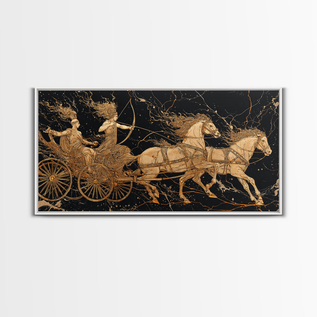 Greek Chariot Scene, Gold Canvas Art, Real Wood Frame, Mythology Inspired Wall Decor, Warriors And Horses Print