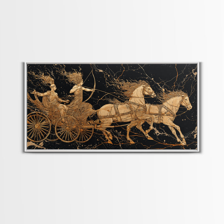 Greek Chariot Scene, Gold Canvas Art, Real Wood Frame, Mythology Inspired Wall Decor, Warriors And Horses Print