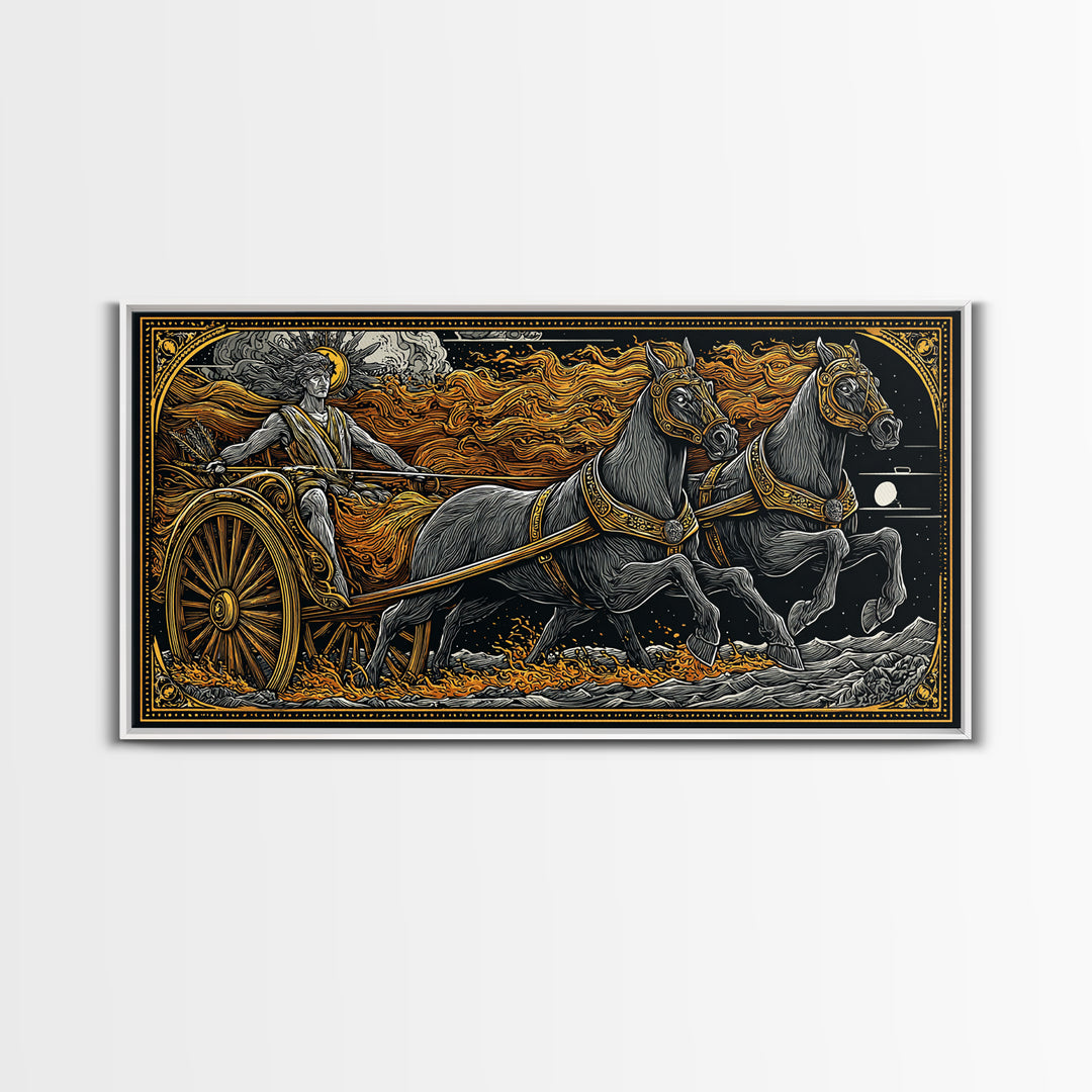 Chariot Of The Sun God, Gold Canvas Print, Real Wood Frame, Mythology Wall Art, Horse And Chariot Artwork