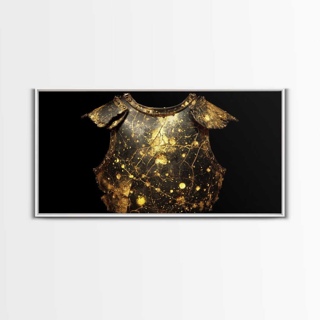 Golden Armor Breastplate, Gold Canvas Print, Real Wood Frame, Medieval Warrior Decor, Historical Art Print
