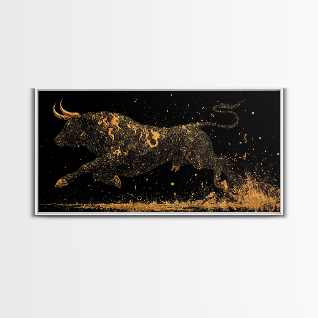 Golden Bull In Motion, Gold Canvas Art, Real Wood Frame, Dynamic Animal Wall Decor, Mythology Inspired Artwork