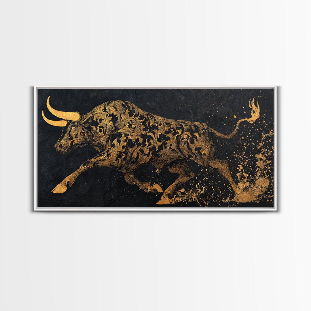 Ornate Golden Bull, Gold Canvas Print, Real Wood Frame, Decorative Animal Artwork, Powerful Bull Illustration