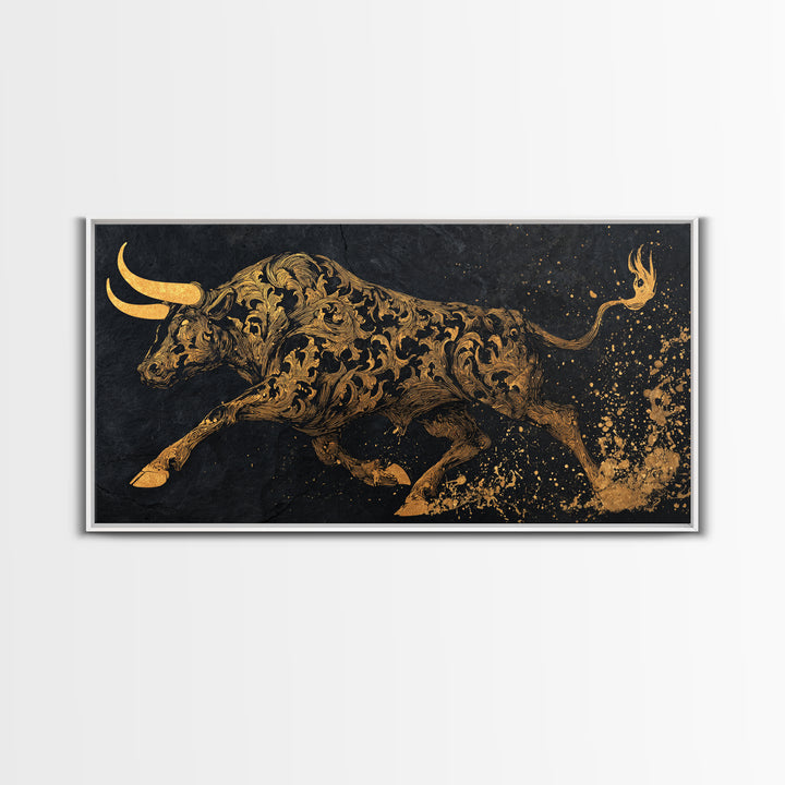 Ornate Golden Bull, Gold Canvas Print, Real Wood Frame, Decorative Animal Artwork, Powerful Bull Illustration