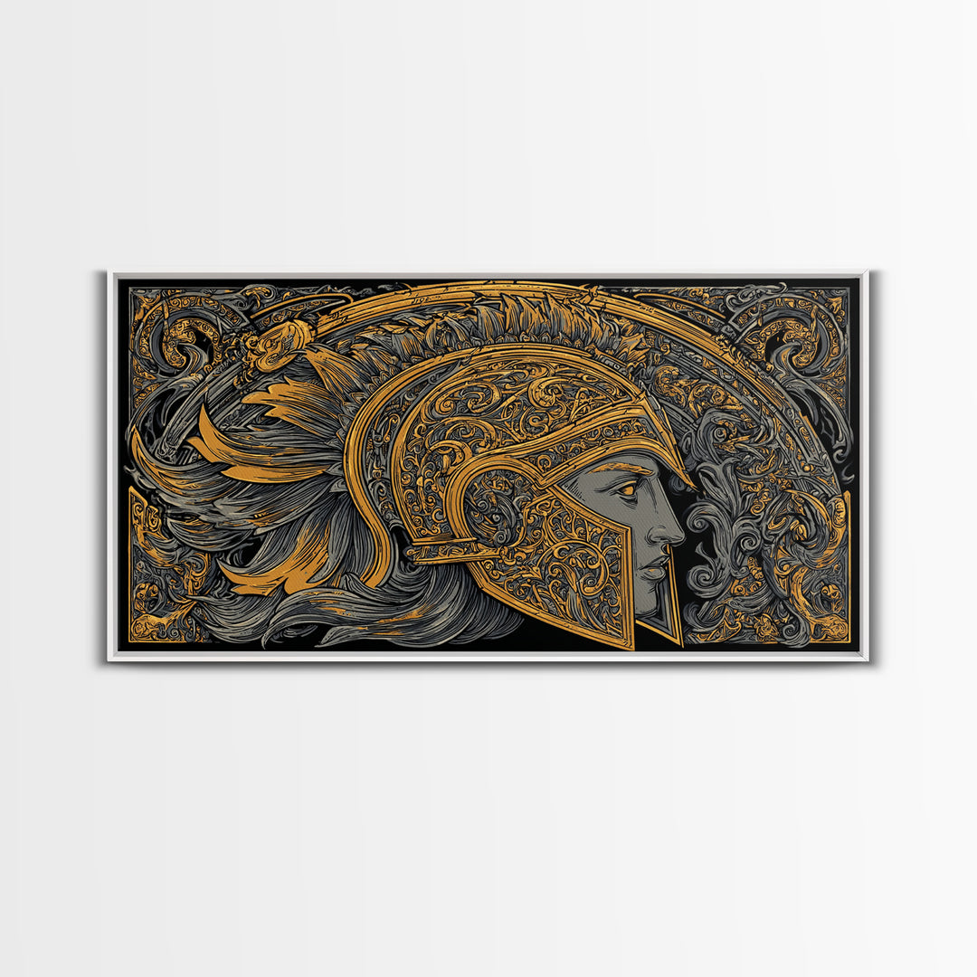 Ornate Greek Warrior Helmet, Gold Canvas Print, Real Wood Frame, Classical Armor Wall Art, Historical Decor