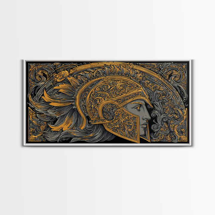 Ornate Greek Warrior Helmet, Gold Canvas Print, Real Wood Frame, Classical Armor Wall Art, Historical Decor