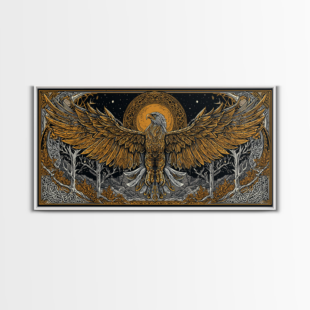 Golden Eagle Over Moonlit Forest, Gold Canvas Art, Real Wood Frame, Intricate Line Art, Majestic Bird Wall Decor