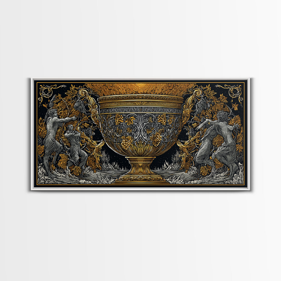 Golden Ornate Chalice, Gold Canvas Art, Real Wood Frame, Mythology Inspired Wall Decor, Classical Celebration Scene