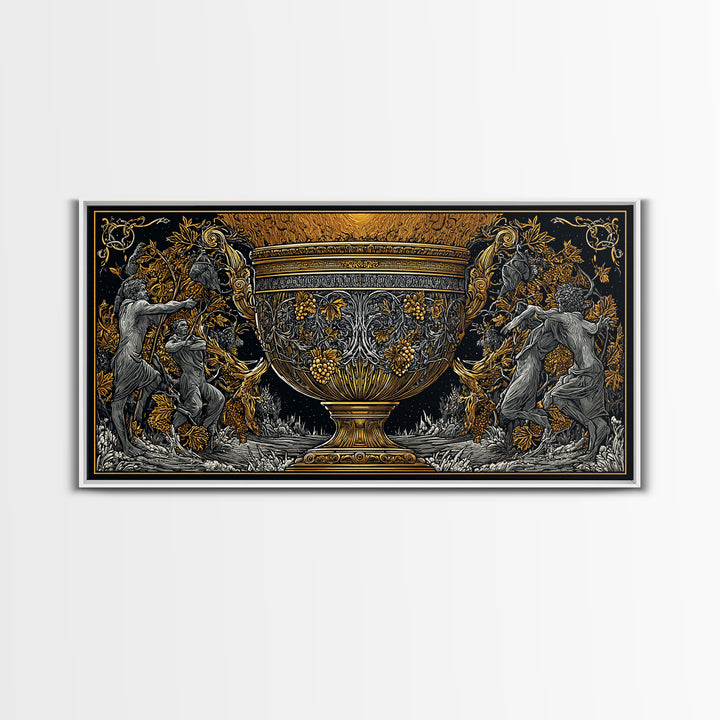 Golden Ornate Chalice, Gold Canvas Art, Real Wood Frame, Mythology Inspired Wall Decor, Classical Celebration Scene