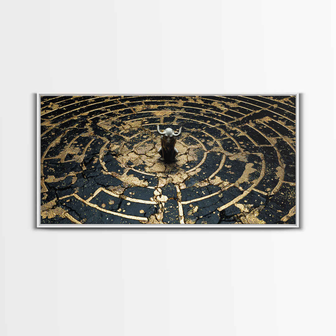 Minotaur In Labyrinth, Gold Canvas Print, Real Wood Frame, Mythology Inspired Wall Art, Ancient Maze Artwork
