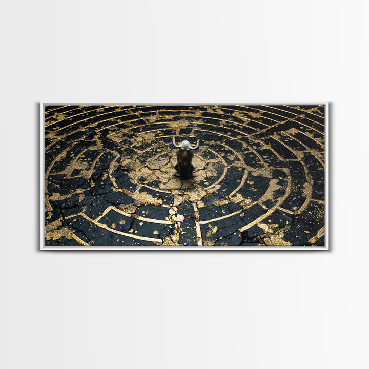 Minotaur In Labyrinth, Gold Canvas Print, Real Wood Frame, Mythology Inspired Wall Art, Ancient Maze Artwork
