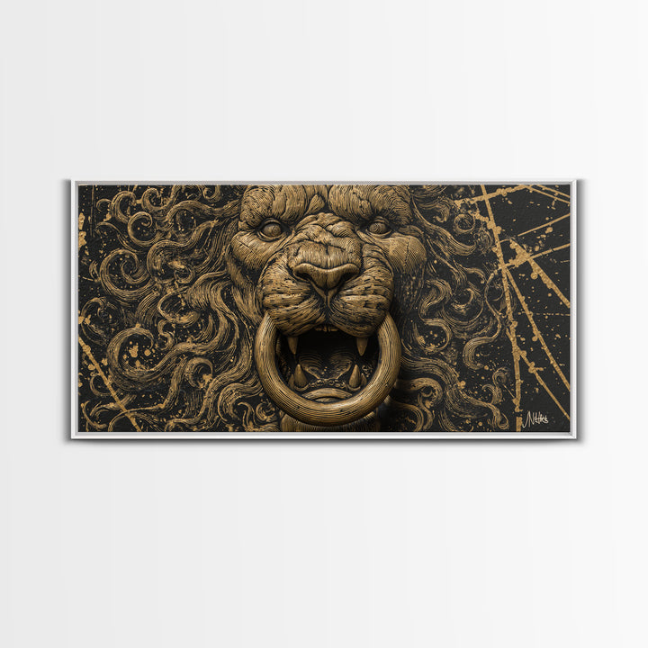 Golden Lion Door Knocker Close Up, Gold Canvas Art, Real Wood Frame, Splatter Style Animal Decor, Regal Lion Artwork