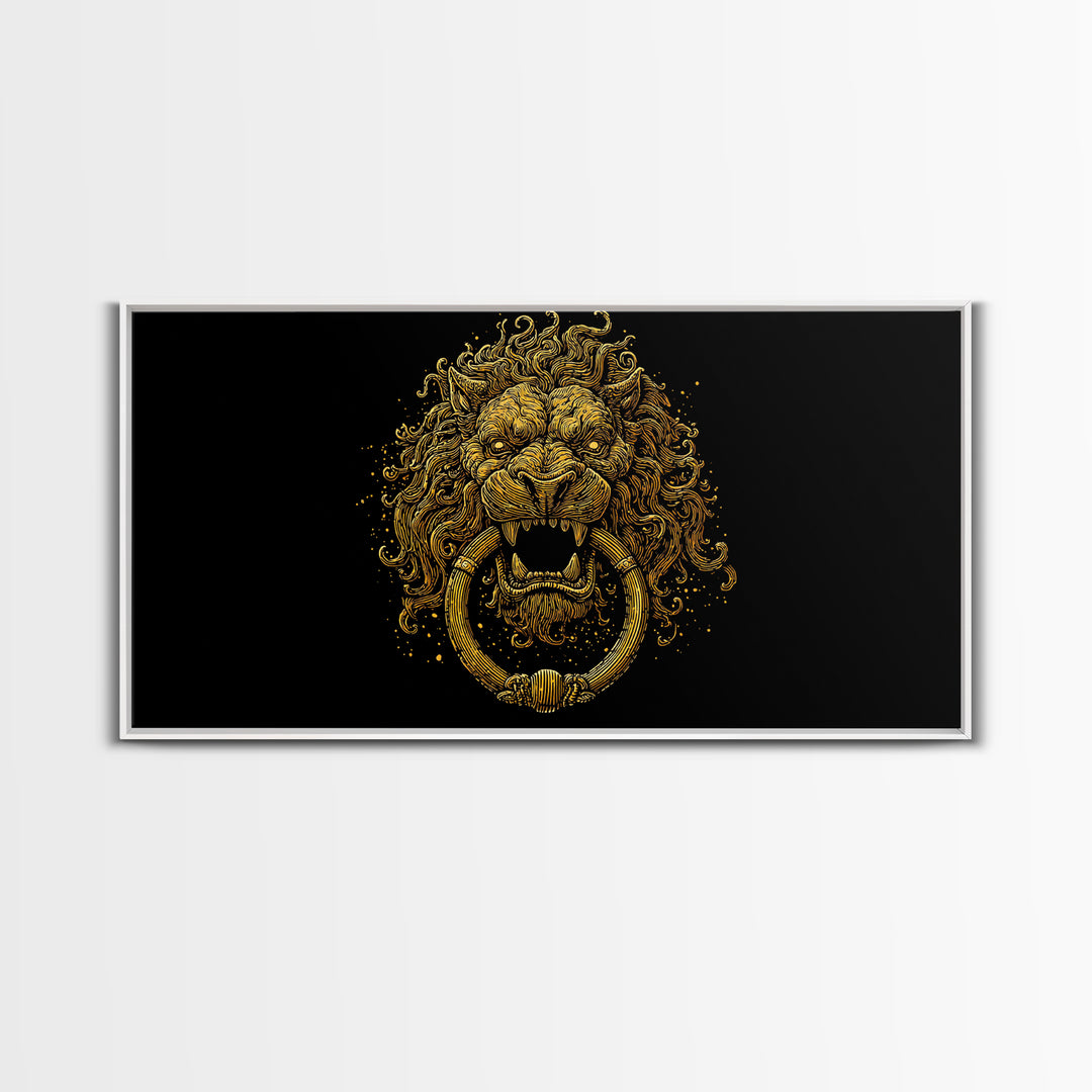 Golden Lion Door Knocker, Gold Canvas Print, Real Wood Frame, Majestic Animal Wall Art, Regal Gold Illustration