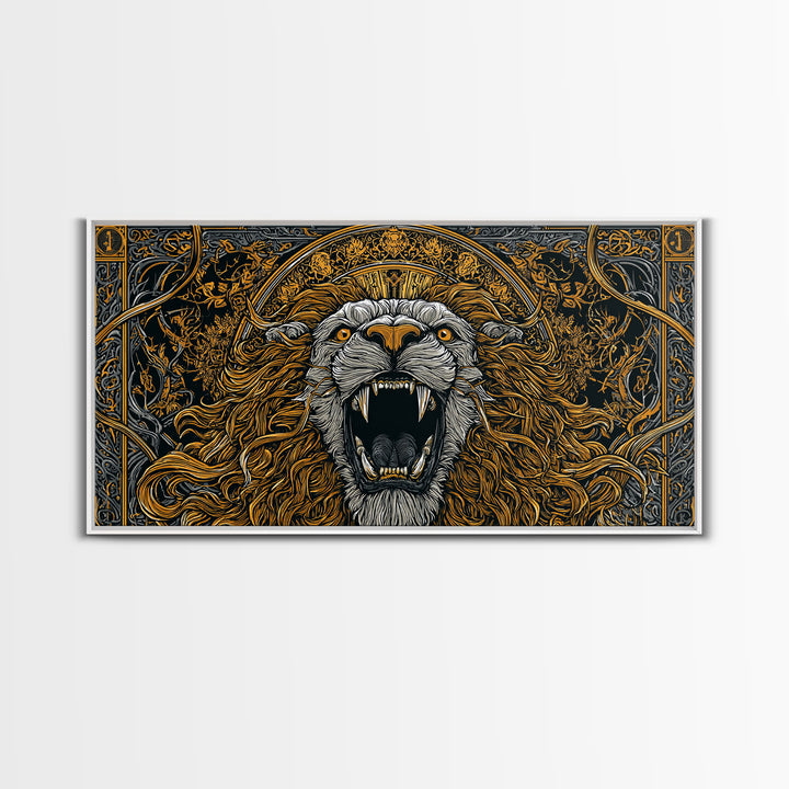 Roaring Golden Lion, Gold Canvas Art, Real Wood Frame, Mythology Inspired Animal Decor, Powerful Lion Wall Artwork