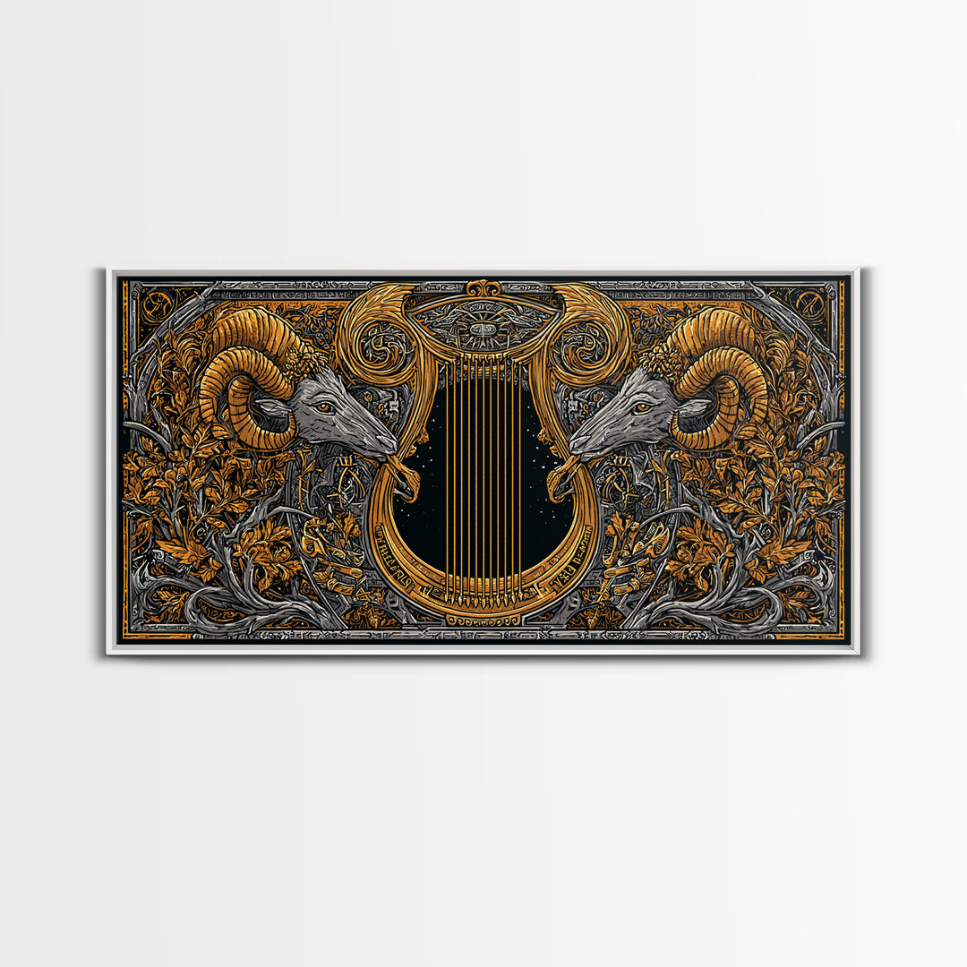 Ornate Ram Lyre, Gold Canvas Print, Real Wood Frame, Mythology Inspired Musical Art, Classical Decorative Artwork
