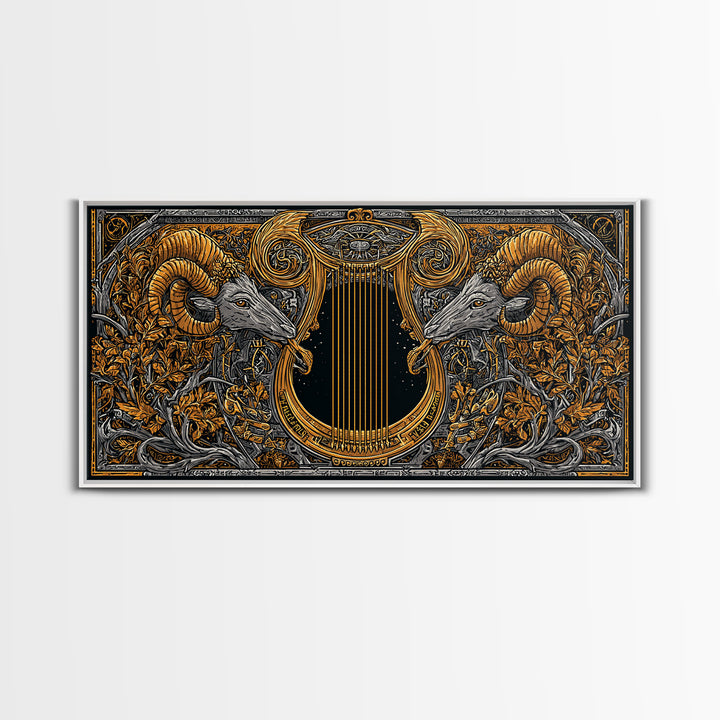 Ornate Ram Lyre, Gold Canvas Print, Real Wood Frame, Mythology Inspired Musical Art, Classical Decorative Artwork