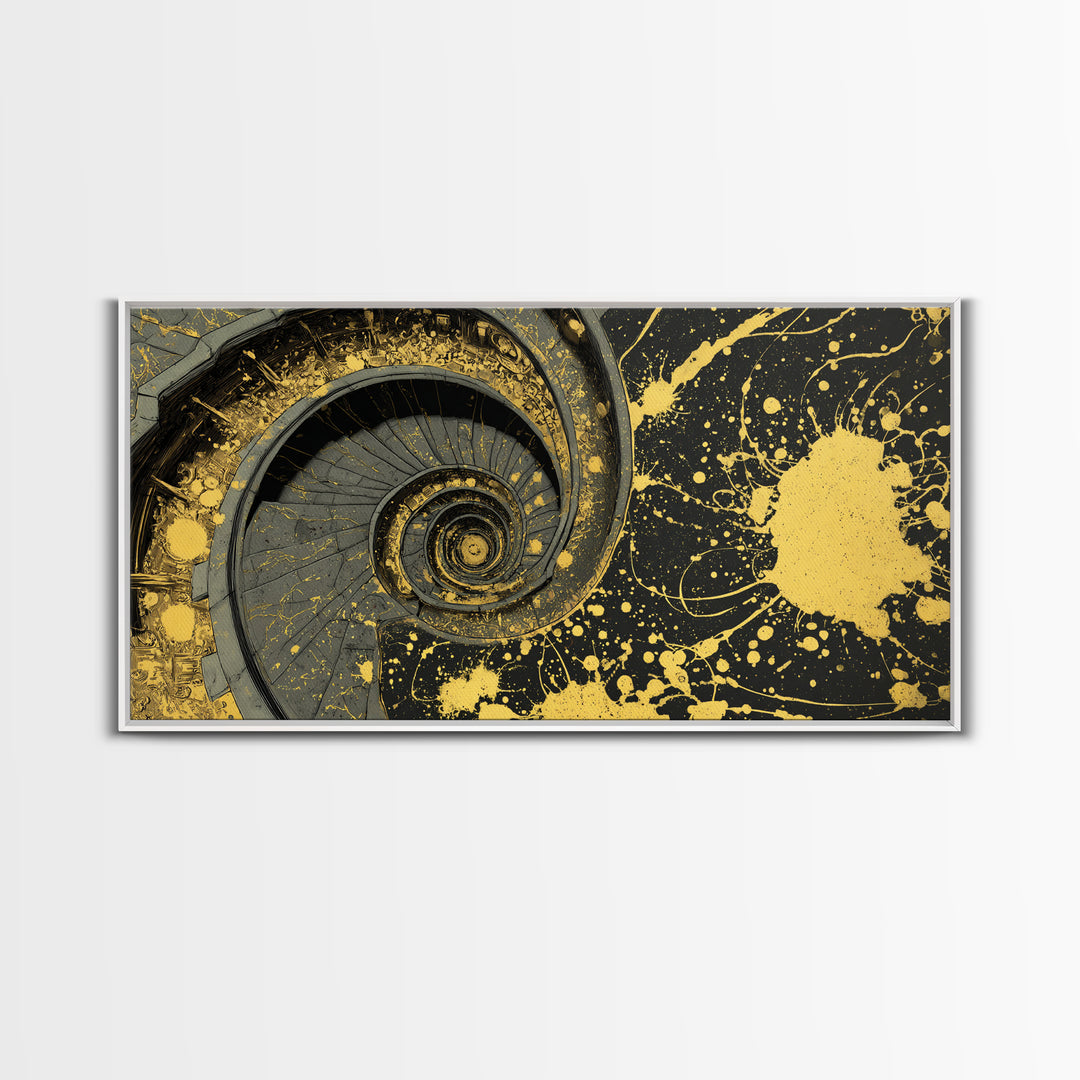 Golden Spiral Staircase, Gold Canvas Art, Real Wood Frame, Splatter Style Abstract Design, Modern Wall Decor