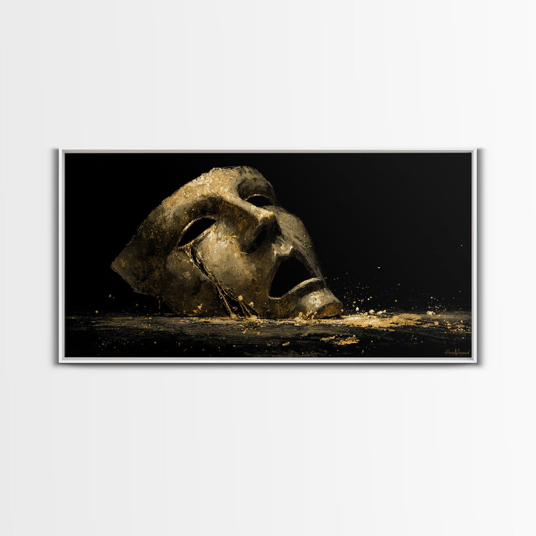 Golden Theatrical Mask, Gold Canvas Print, Real Wood Frame, Dramatic Abstract Artwork, Expressive Wall Art