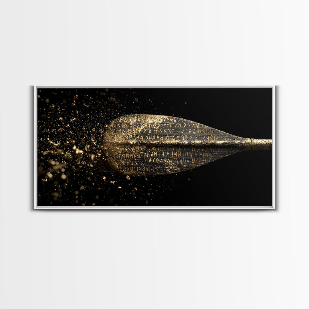 Ancient Golden Spear Tip, Gold Canvas Art, Real Wood Frame, Splatter Style Weapon Artwork, Mythology Inspired Decor