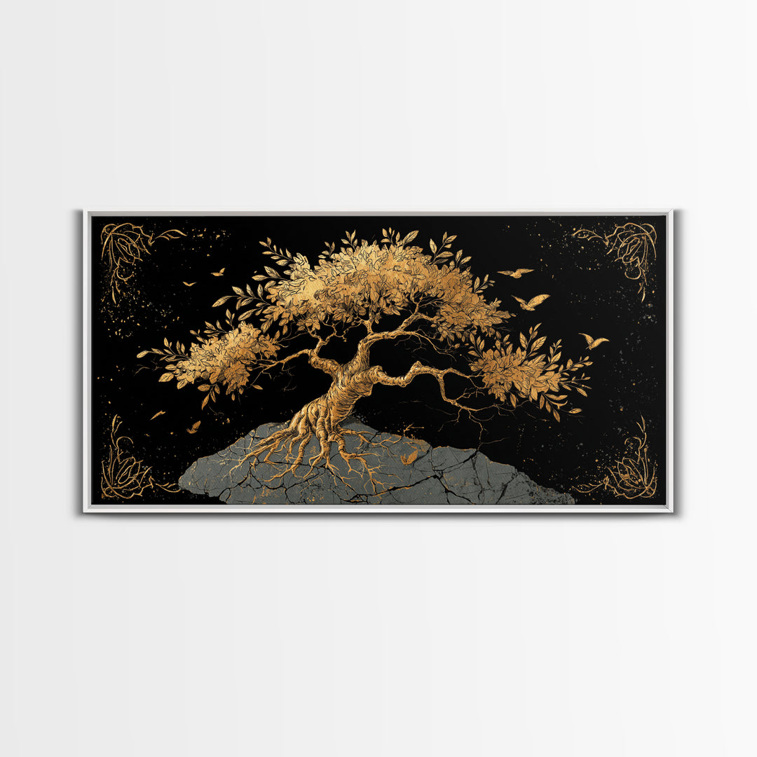 Gold Tree of Life Artwork, Intricate Roots and Leaves, Wood Framed Map Wall Art for Home or Office Décor